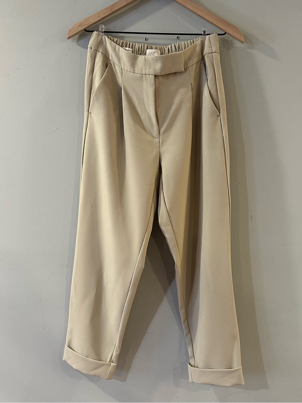 Loft High-Waist Cuffed Tapered Elastic Waist Trousers in Light Beige